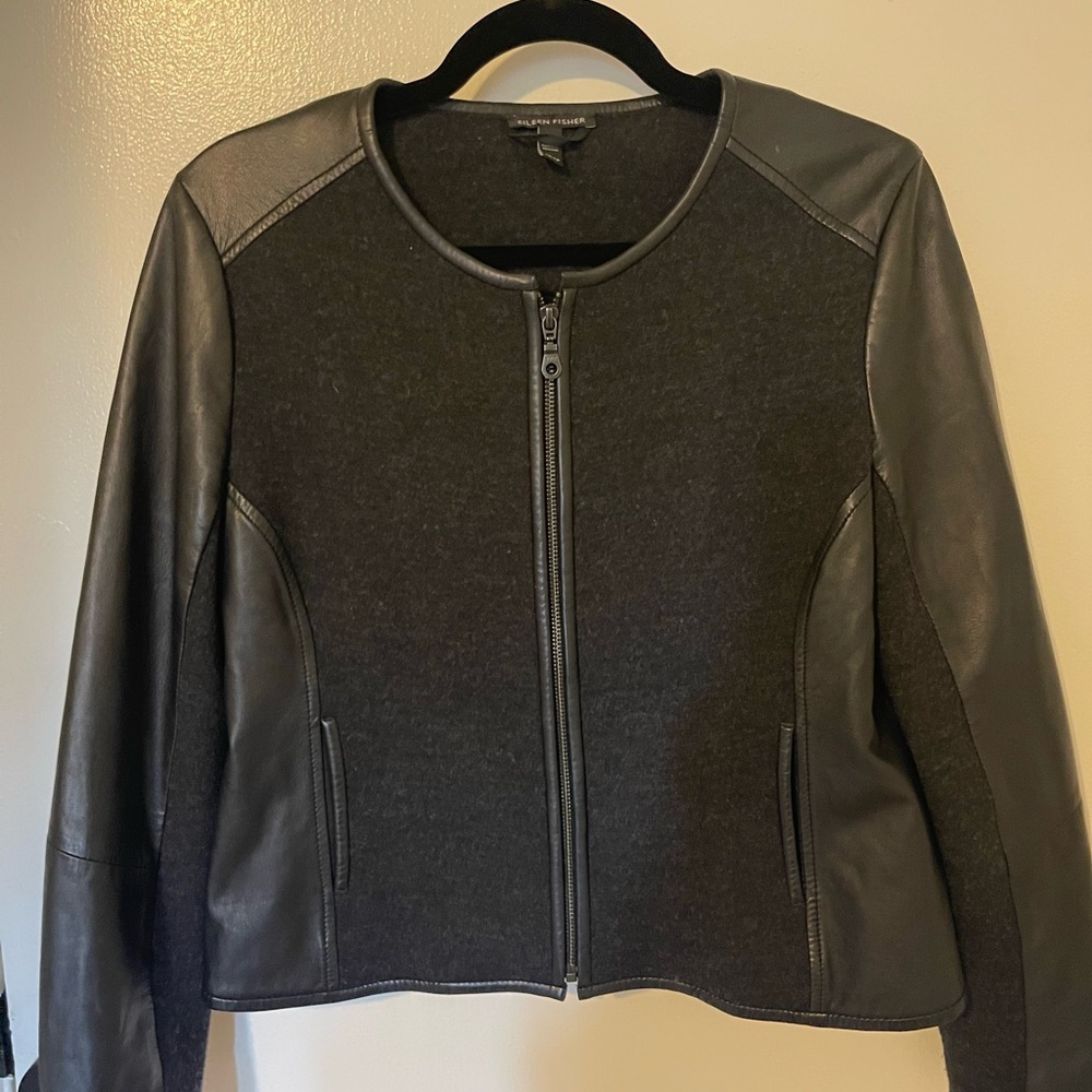 Eileen Fisher Black and Gray Leather Jacket Sz.XS